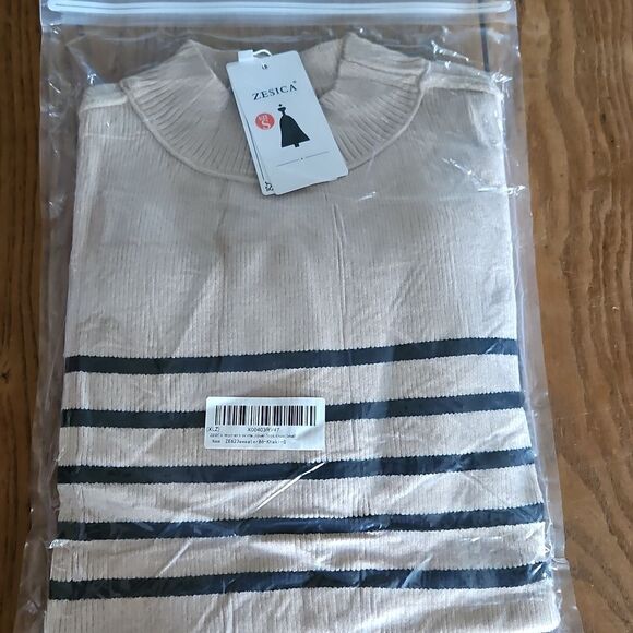 OVSZD Beige Black Striped Sweater Women’s S NWT New in Package Soft Knit Cozy - Picture 5 of 5